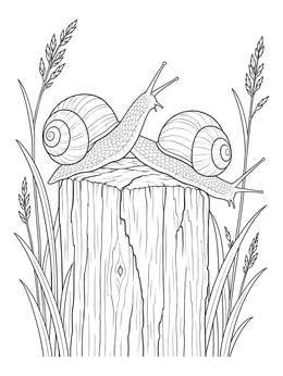 Two garden snails meet atop a fence post in this snail coloring page.