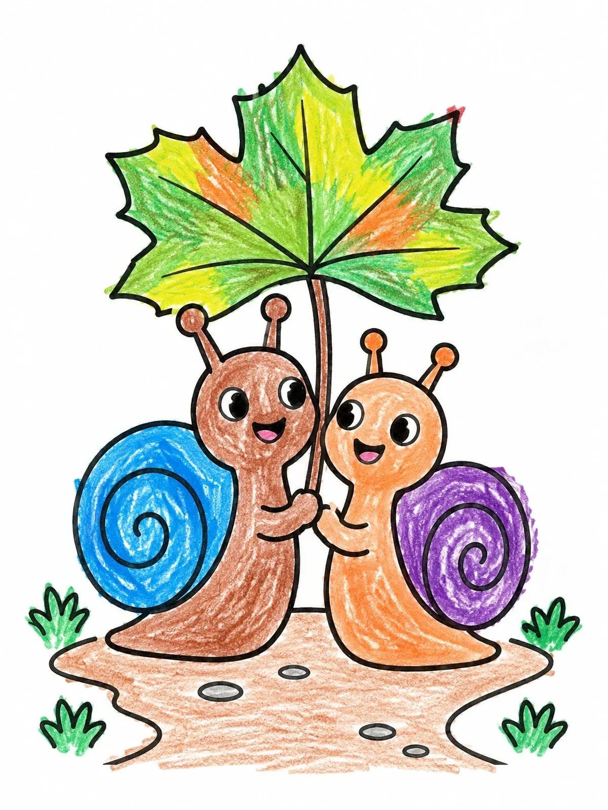 Colored example of the Snails Sharing A Leaf Umbrella coloring page