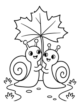 Two cheerful cartoon snails holding a leaf together in this snail coloring page.