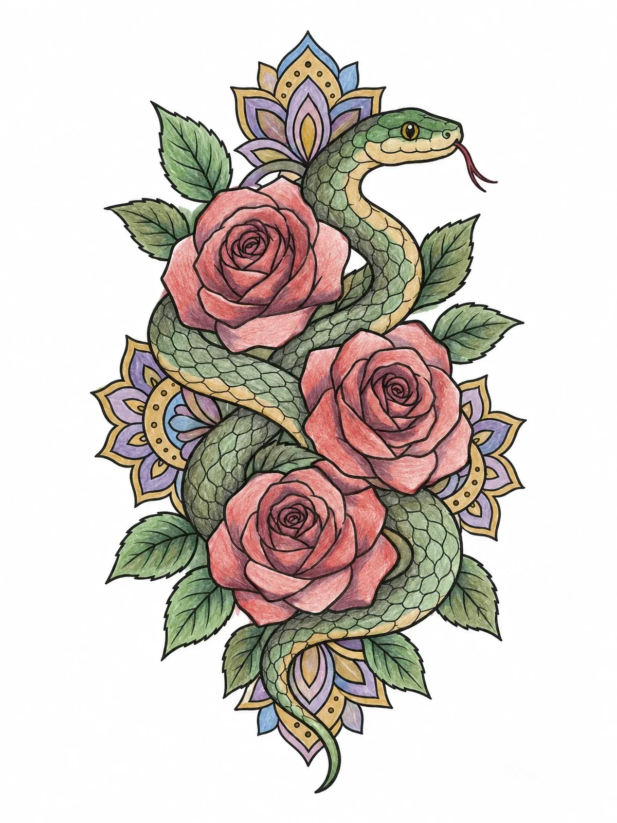 Colored example of the Snake And Blooming Roses Tattoo Design coloring page