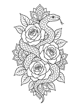 Free printable Snake And Blooming Roses Tattoo Design coloring page