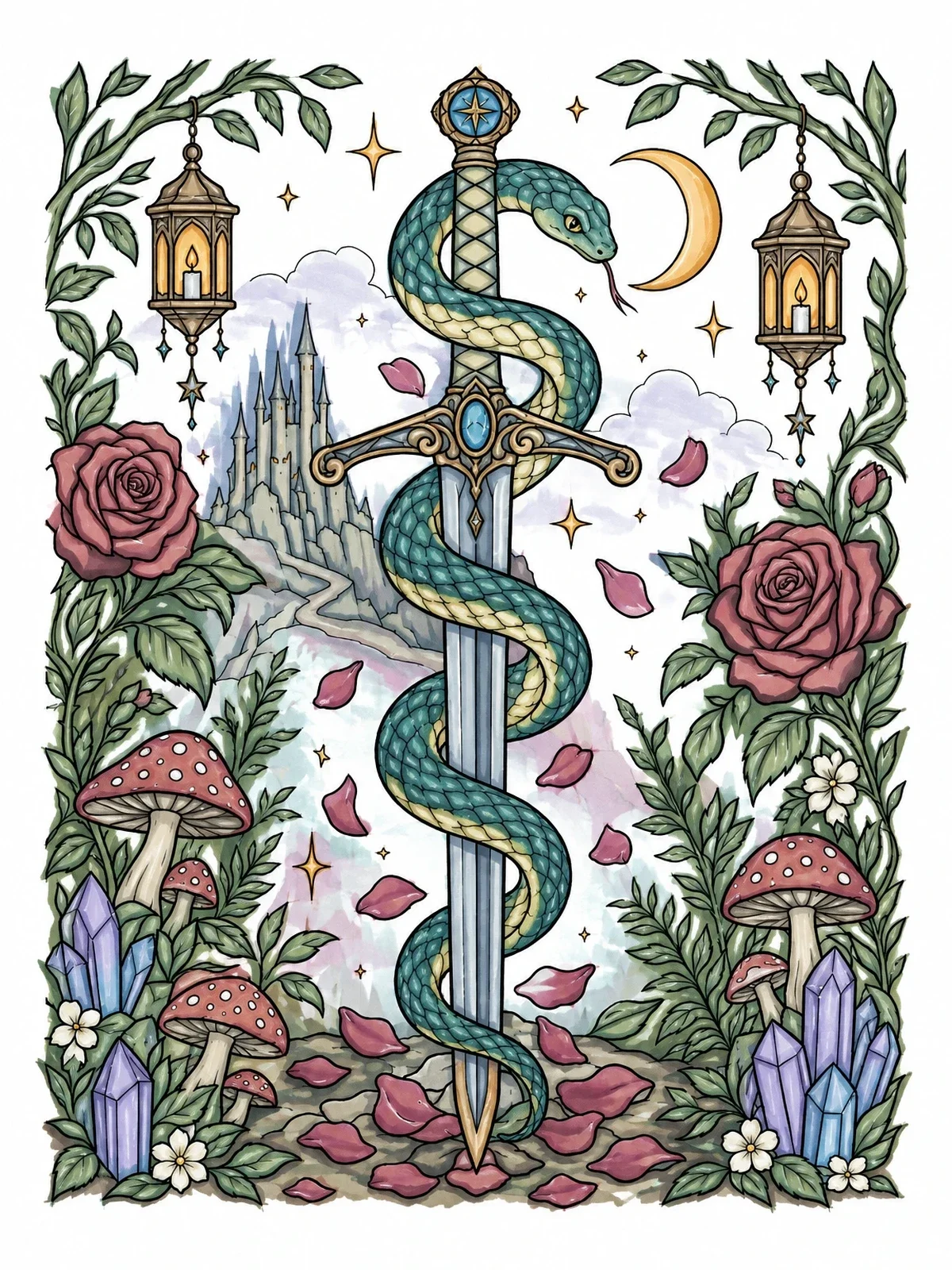 Colored example of the Snake Around Sword With Roses coloring page