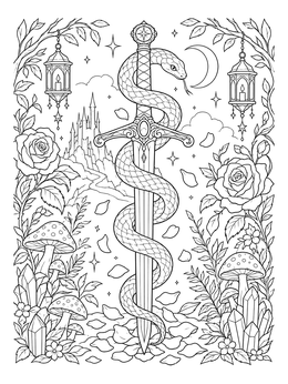 A serpent coils around a sword in this detailed rose tattoo coloring page.
