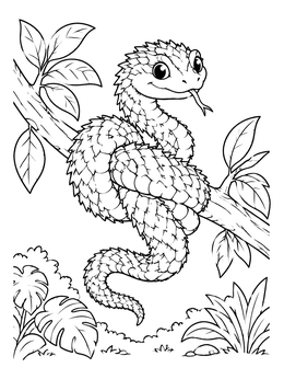 A smiling bush viper curled on a branch in this snake coloring page.