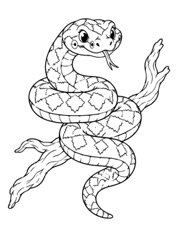 A happy cartoon viper coiled around a tree branch on this snake coloring page.