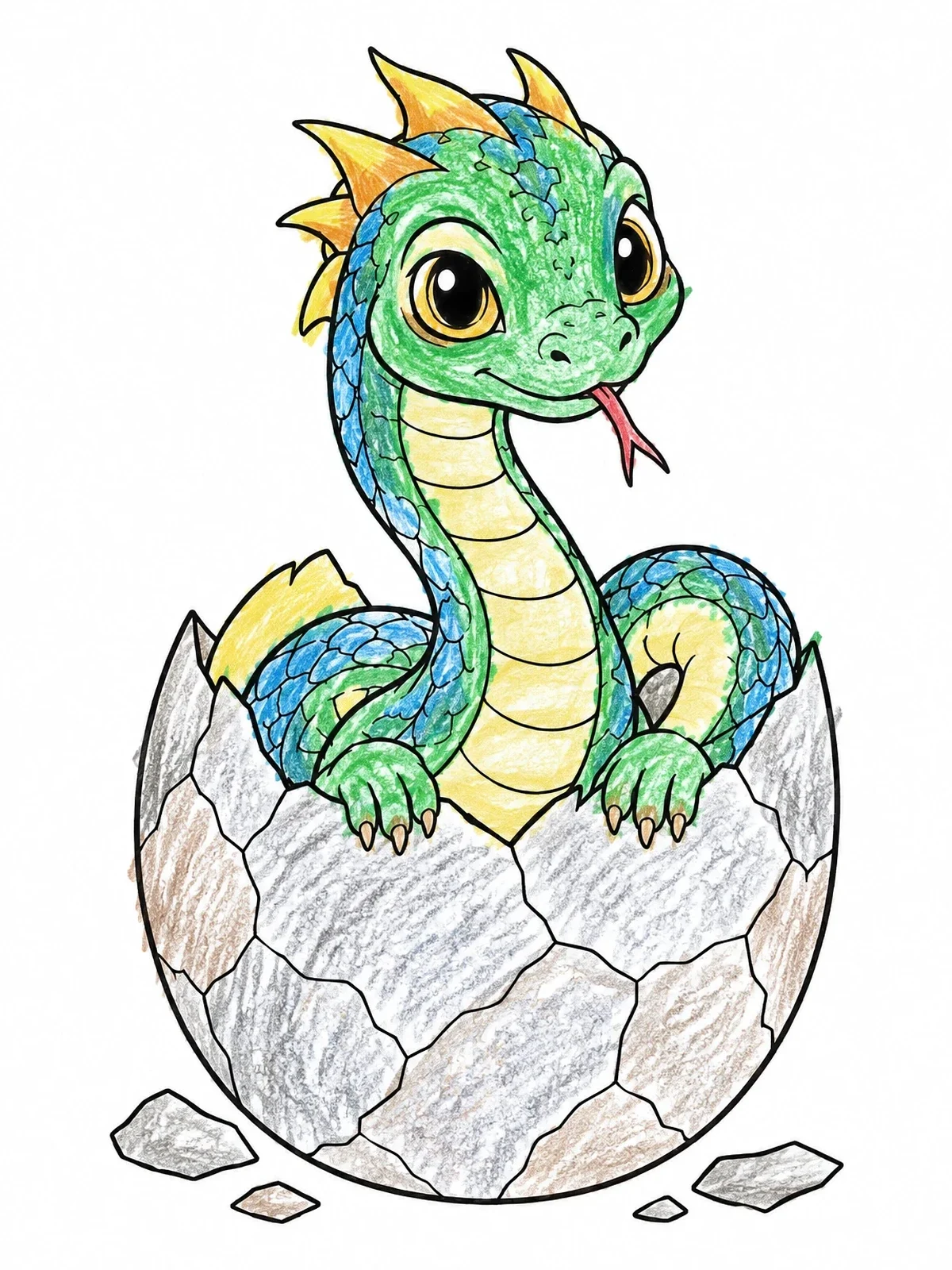 Colored example of the Baby Serpent Dragon Hatching From Egg coloring page