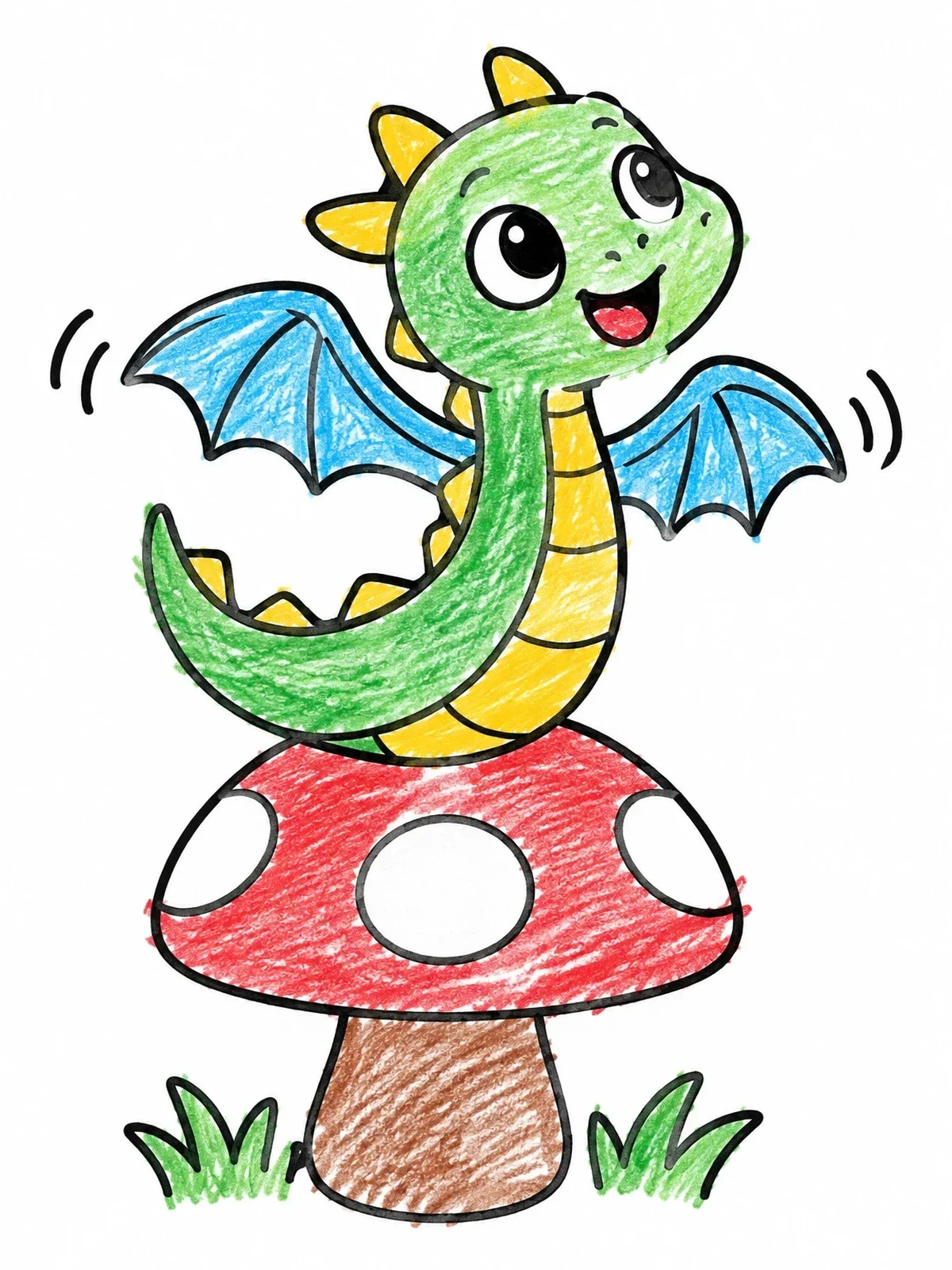Colored example of the Cute Baby Dragon On Mushroom coloring page