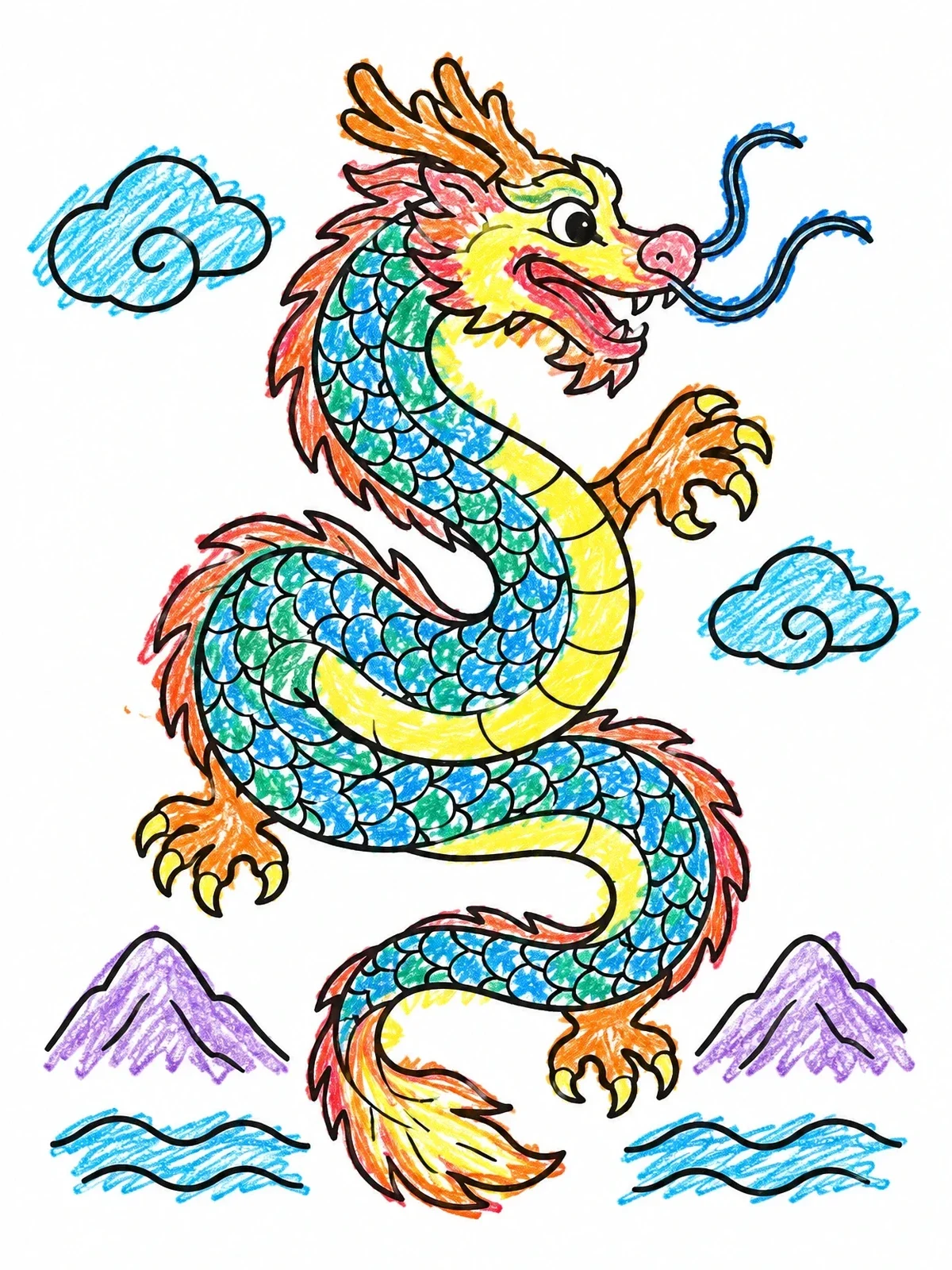 Colored example of the Coiling Serpent Dragon In The Sky coloring page