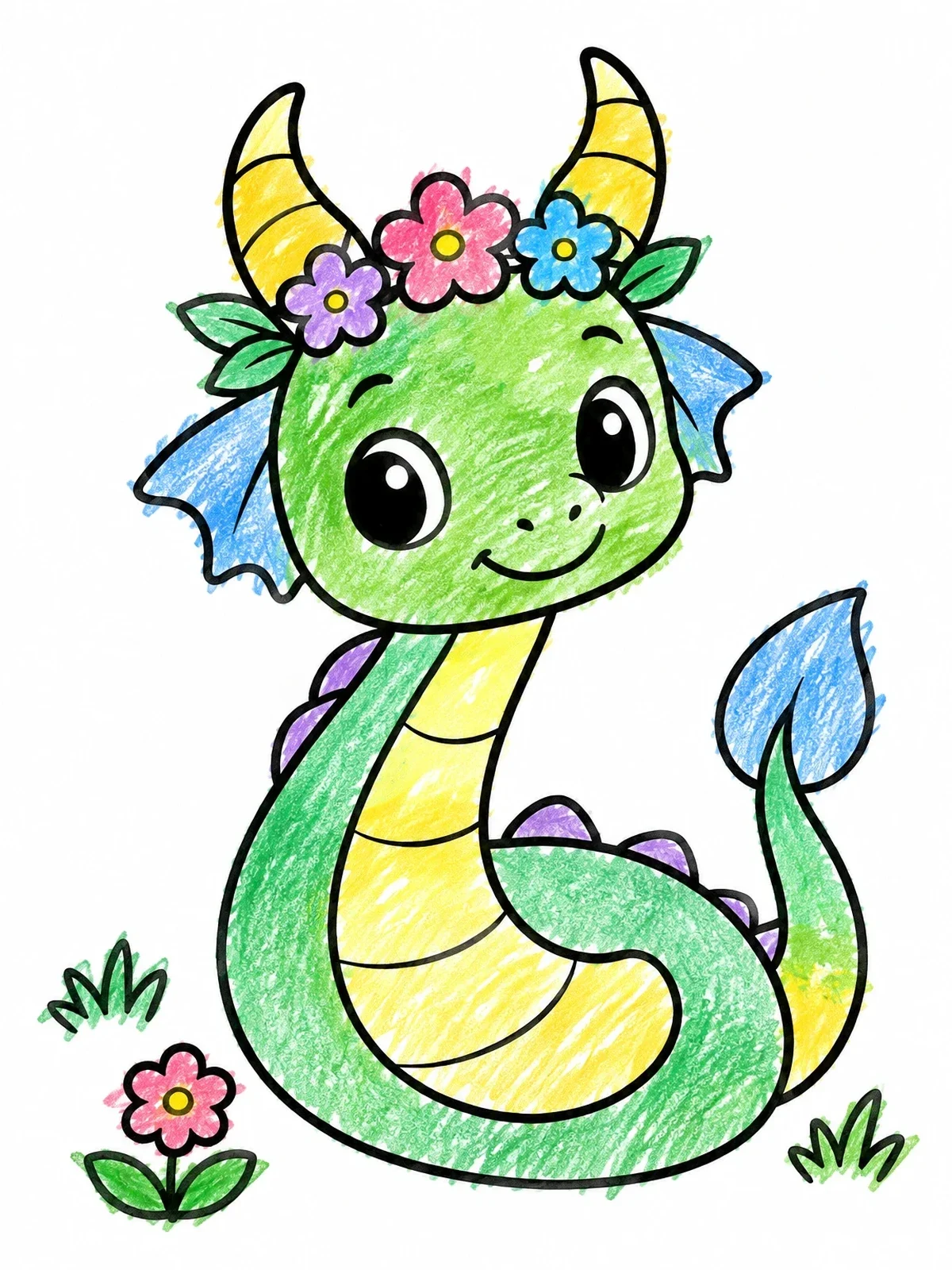 Colored example of the Cute Serpent Dragon With Flower Crown coloring page