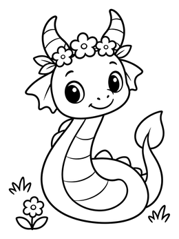 Free printable Cute Serpent Dragon With Flower Crown coloring page