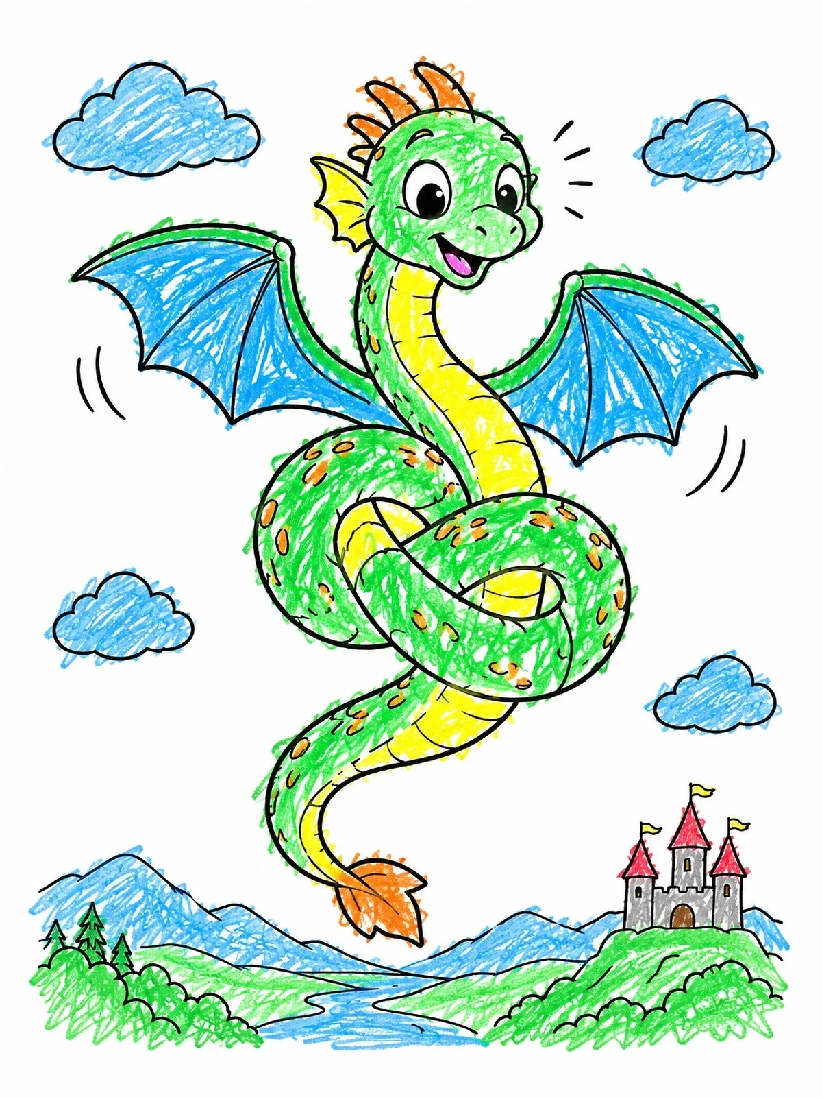 Colored example of the Cute Serpent Dragon Flying In Knots coloring page
