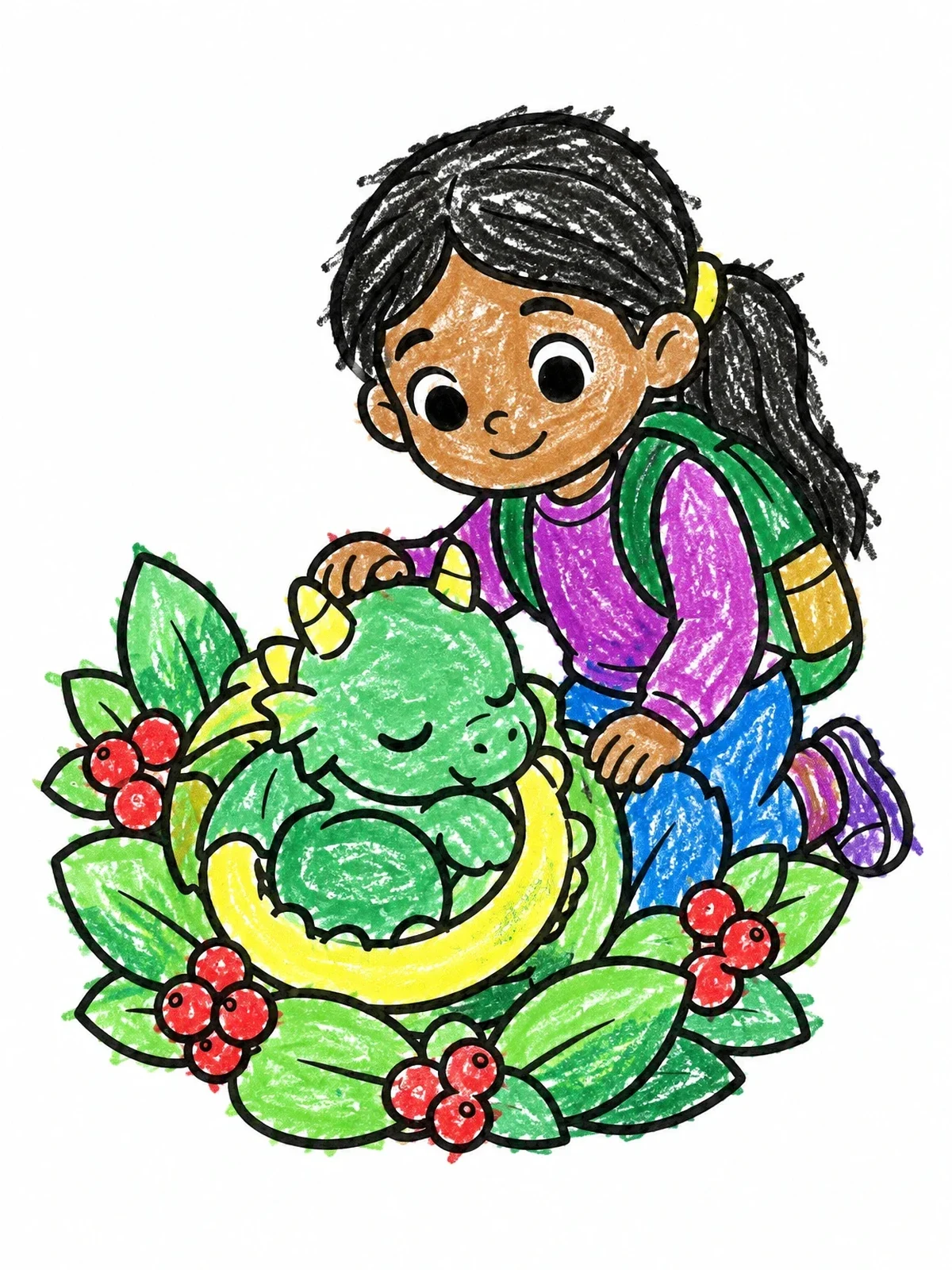 Colored example of the Girl Petting Sleeping Baby Dragon coloring page
