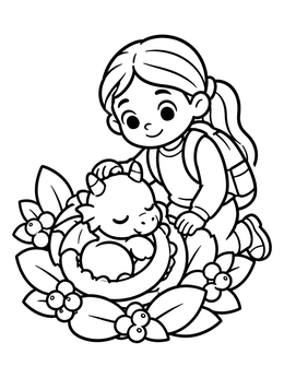 Free printable Girl Petting Sleeping Baby Dragon coloring page