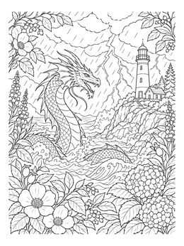 Free printable Sea Serpent Dragon By Lighthouse coloring page