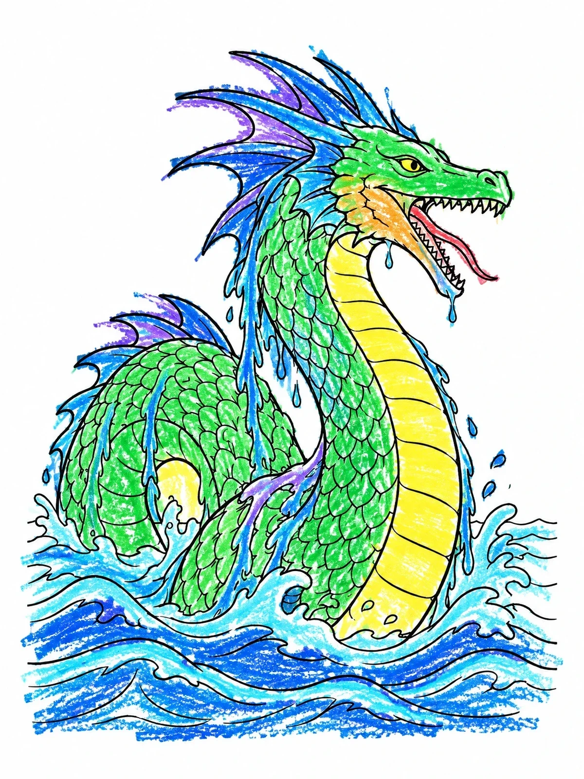 Colored example of the Sea Serpent Rising From Ocean Waves coloring page