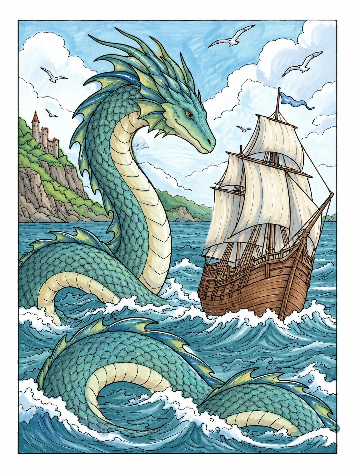Colored example of the Sea Serpent Dragon And Sailing Ship coloring page