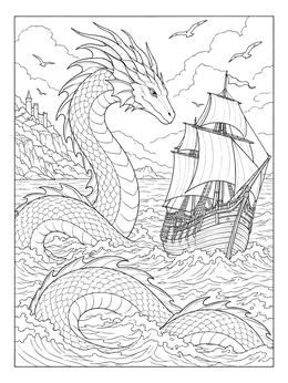 Free printable Sea Serpent Dragon And Sailing Ship coloring page