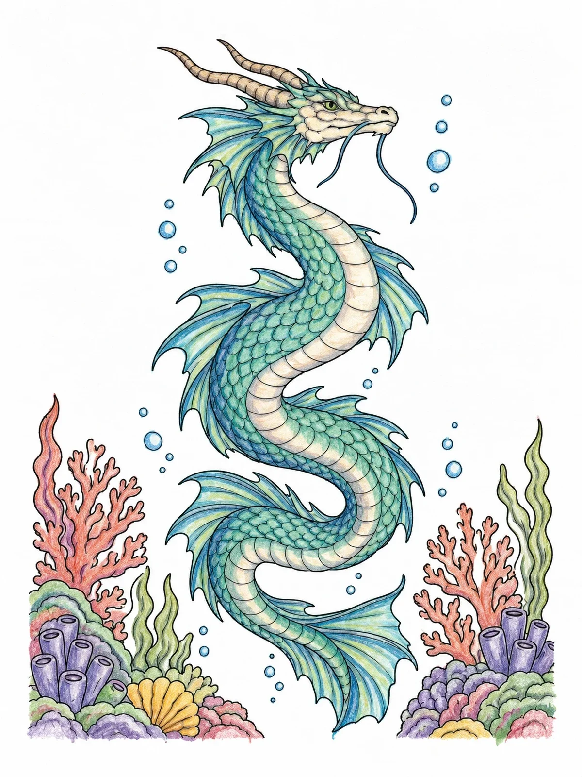 Colored example of the Serpent Dragon In The Coral Reef coloring page