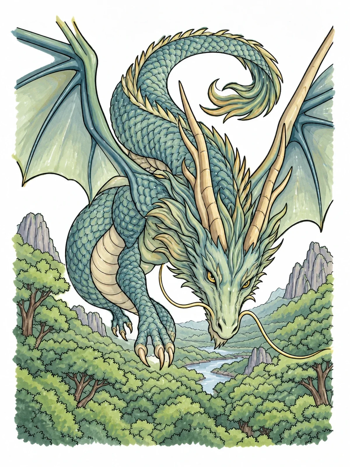Colored example of the Serpent Dragon Flying Over Forest coloring page