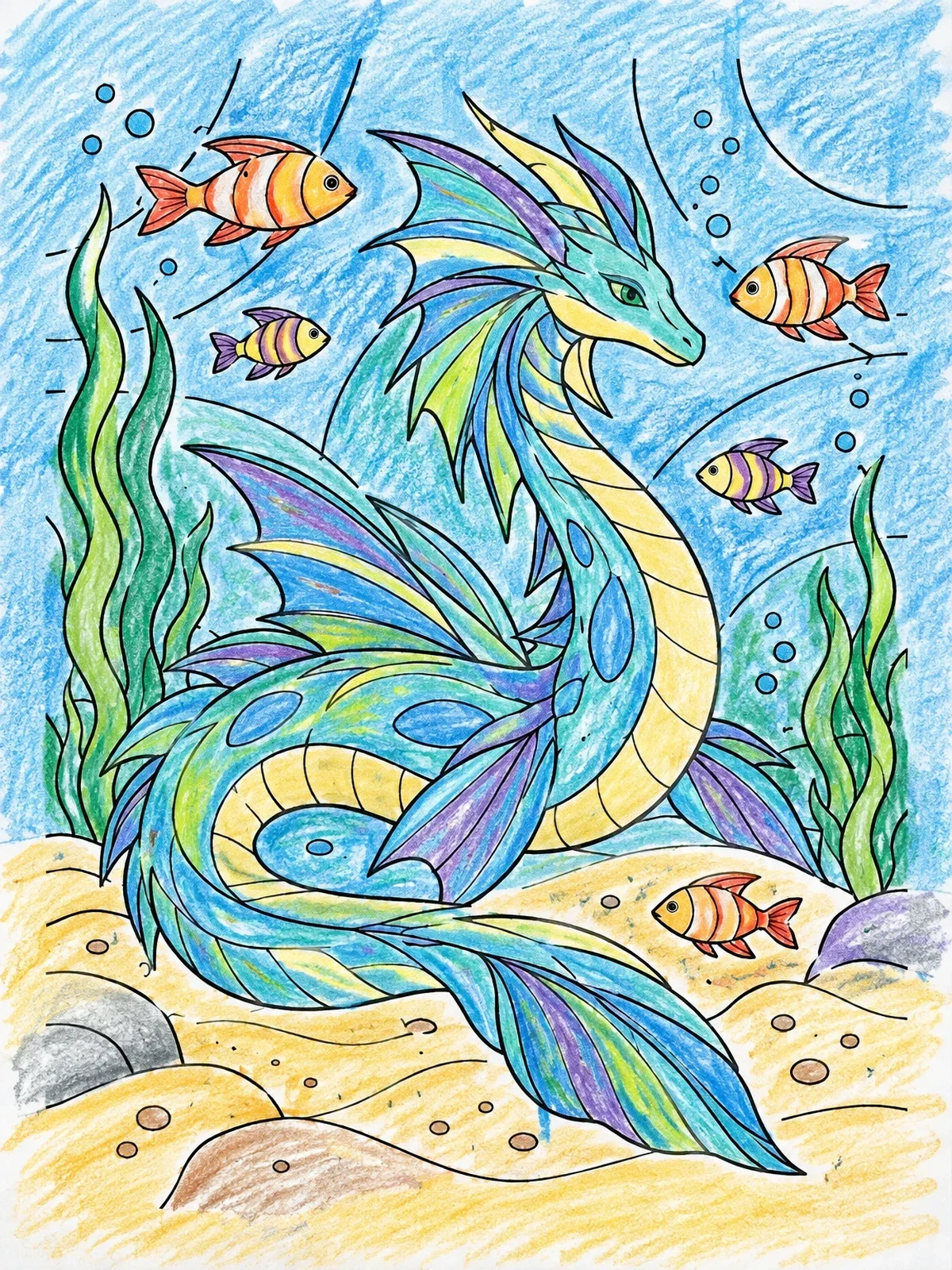 Colored example of the Serpent Dragon On The Ocean Floor coloring page