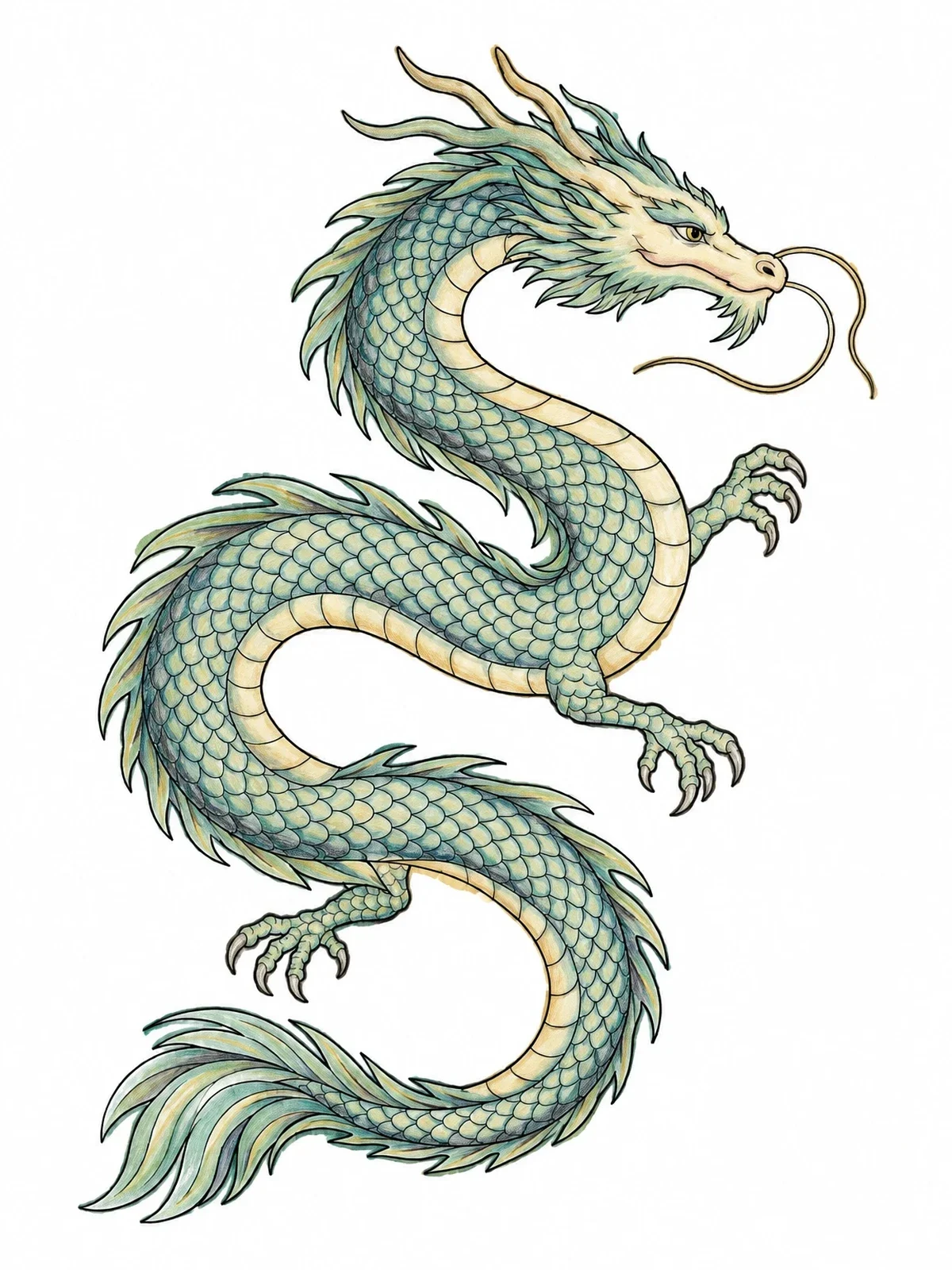 Colored example of the Serpentine Dragon In Mid Air coloring page