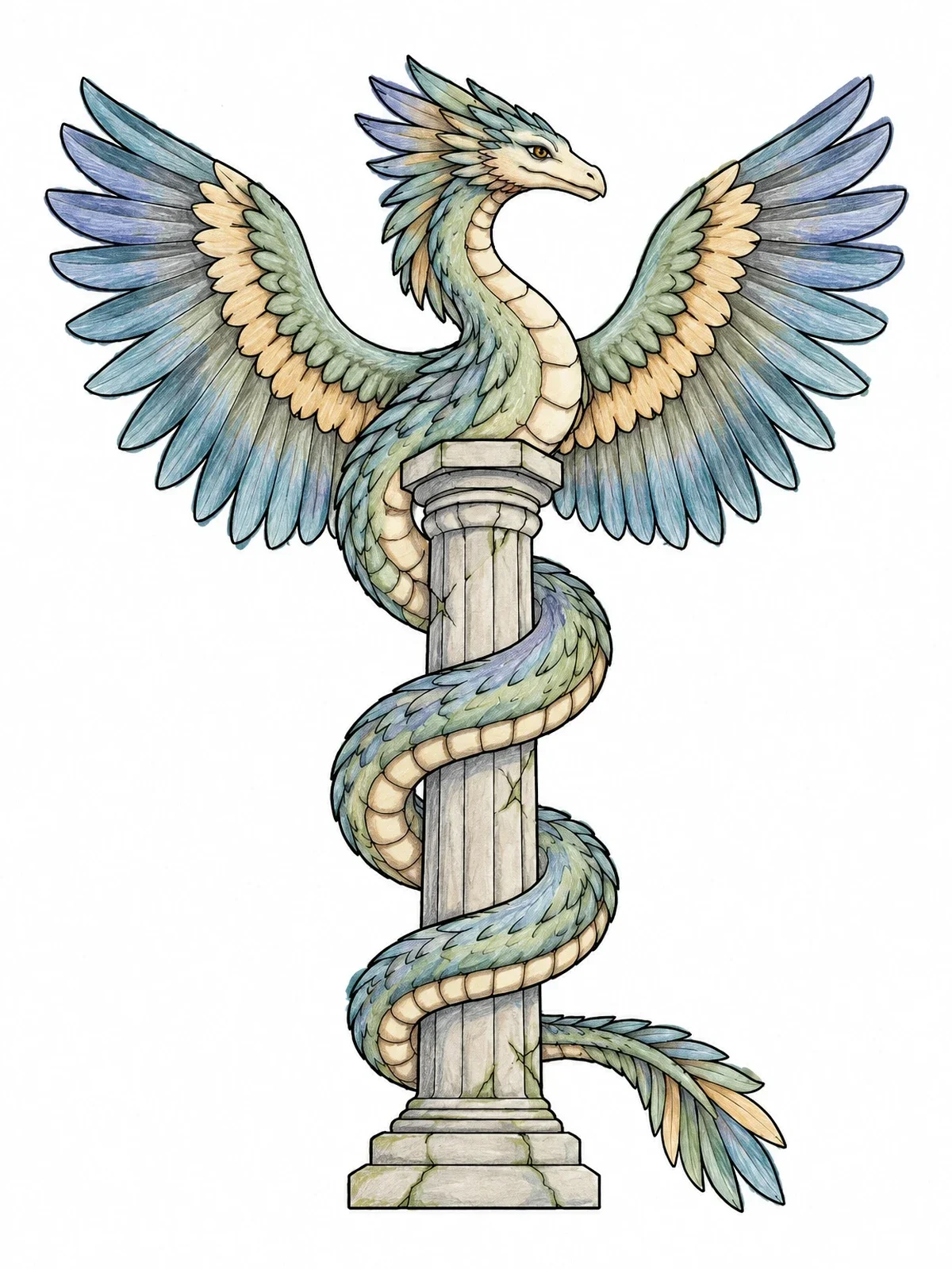Colored example of the Winged Serpent Dragon On Ancient Pillar coloring page