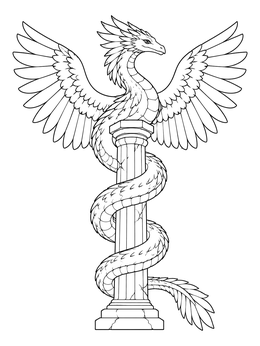 Free printable Winged Serpent Dragon On Ancient Pillar coloring page