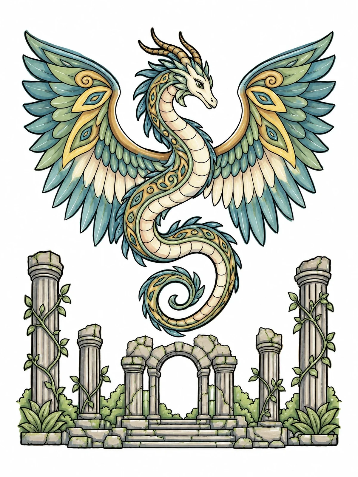 Colored example of the Winged Serpent Dragon Over Ancient Ruins coloring page