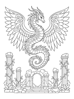 Free printable Winged Serpent Dragon Over Ancient Ruins coloring page