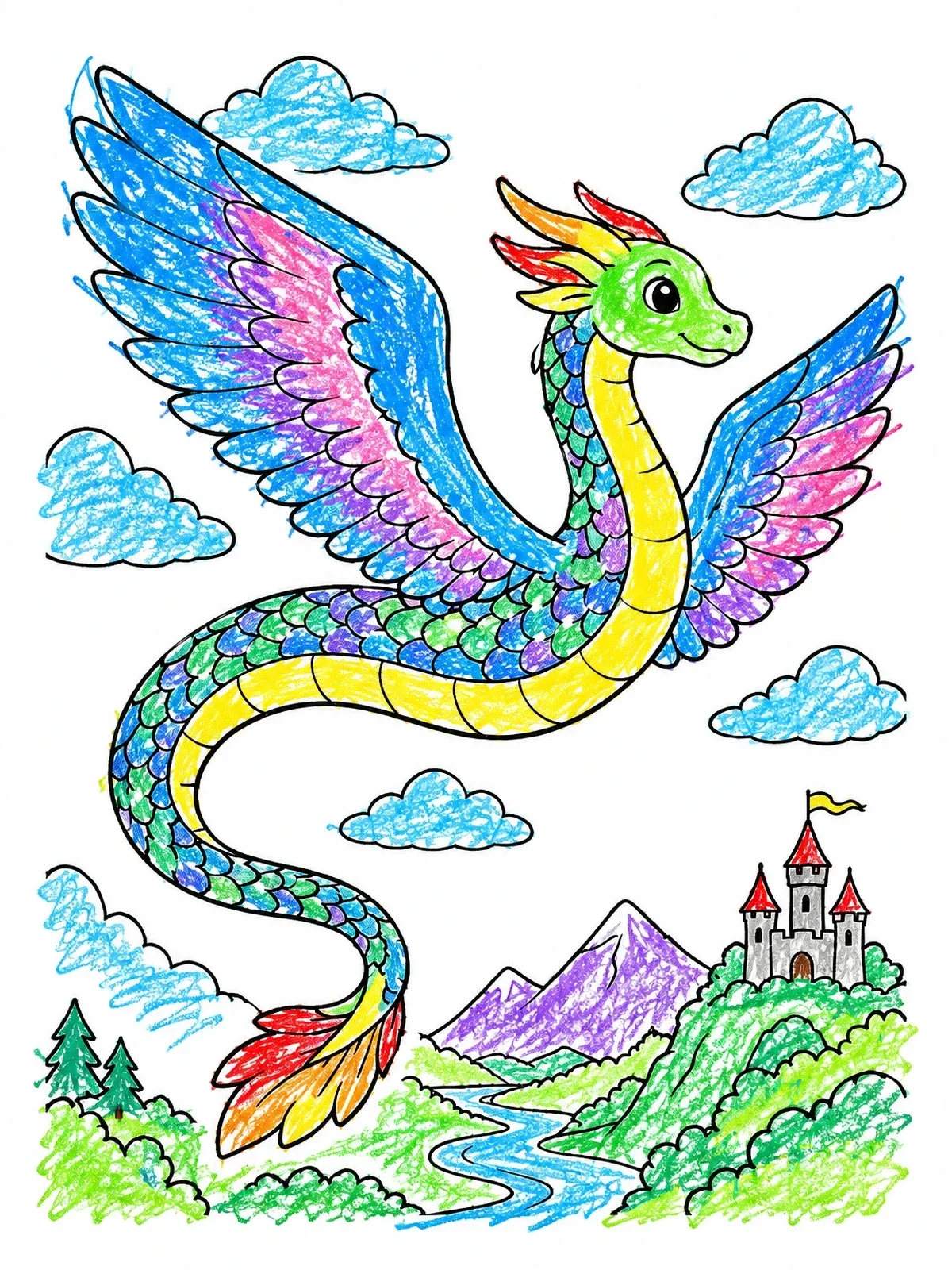 Colored example of the Winged Serpent Dragon Over Castle coloring page