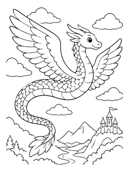 Free printable Winged Serpent Dragon Over Castle coloring page