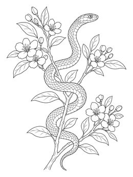 A slender snake coloring page weaving through blooming floral tree branches.