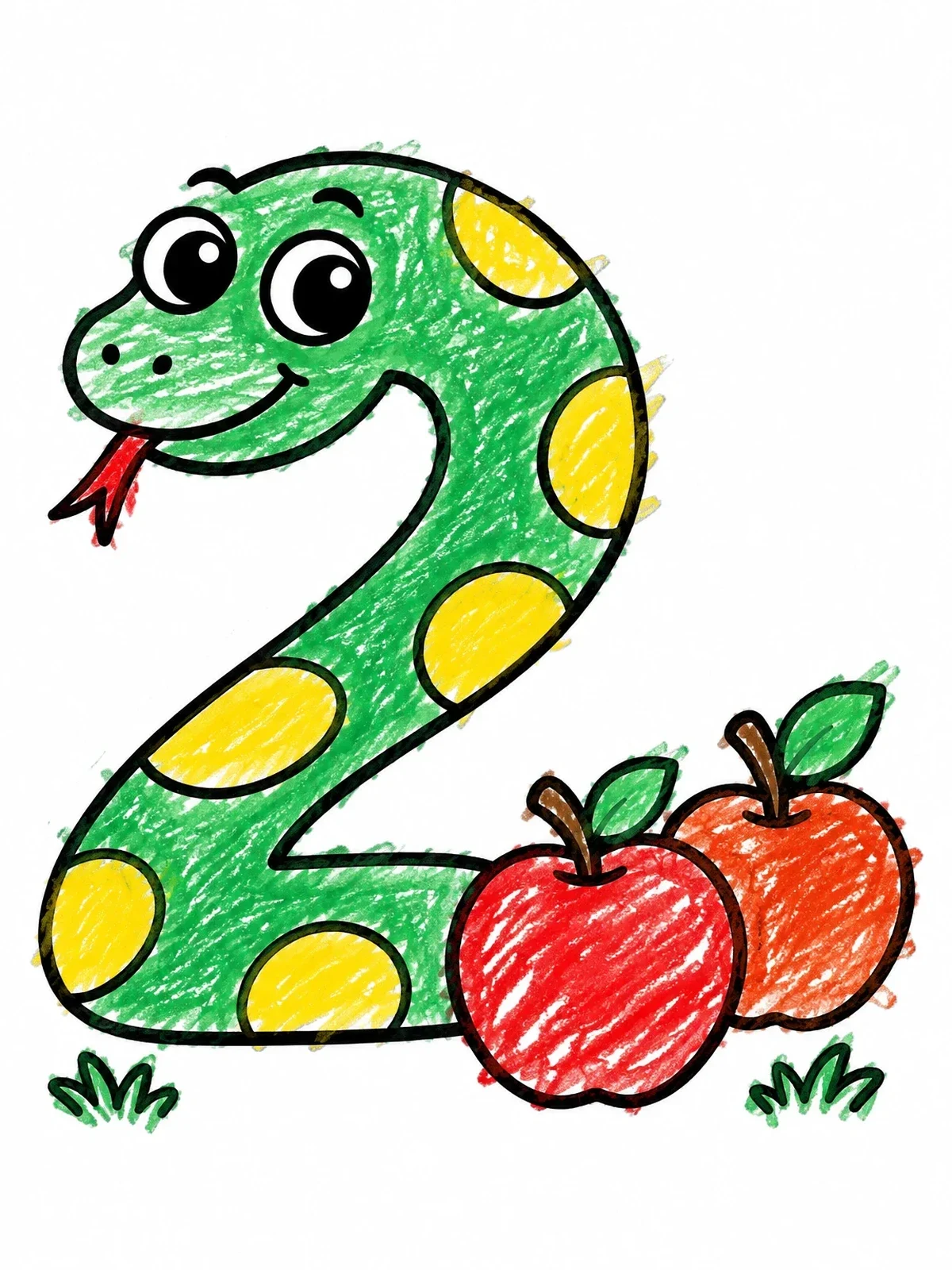 Colored example of the Cartoon Snake Number Two And Apples coloring page