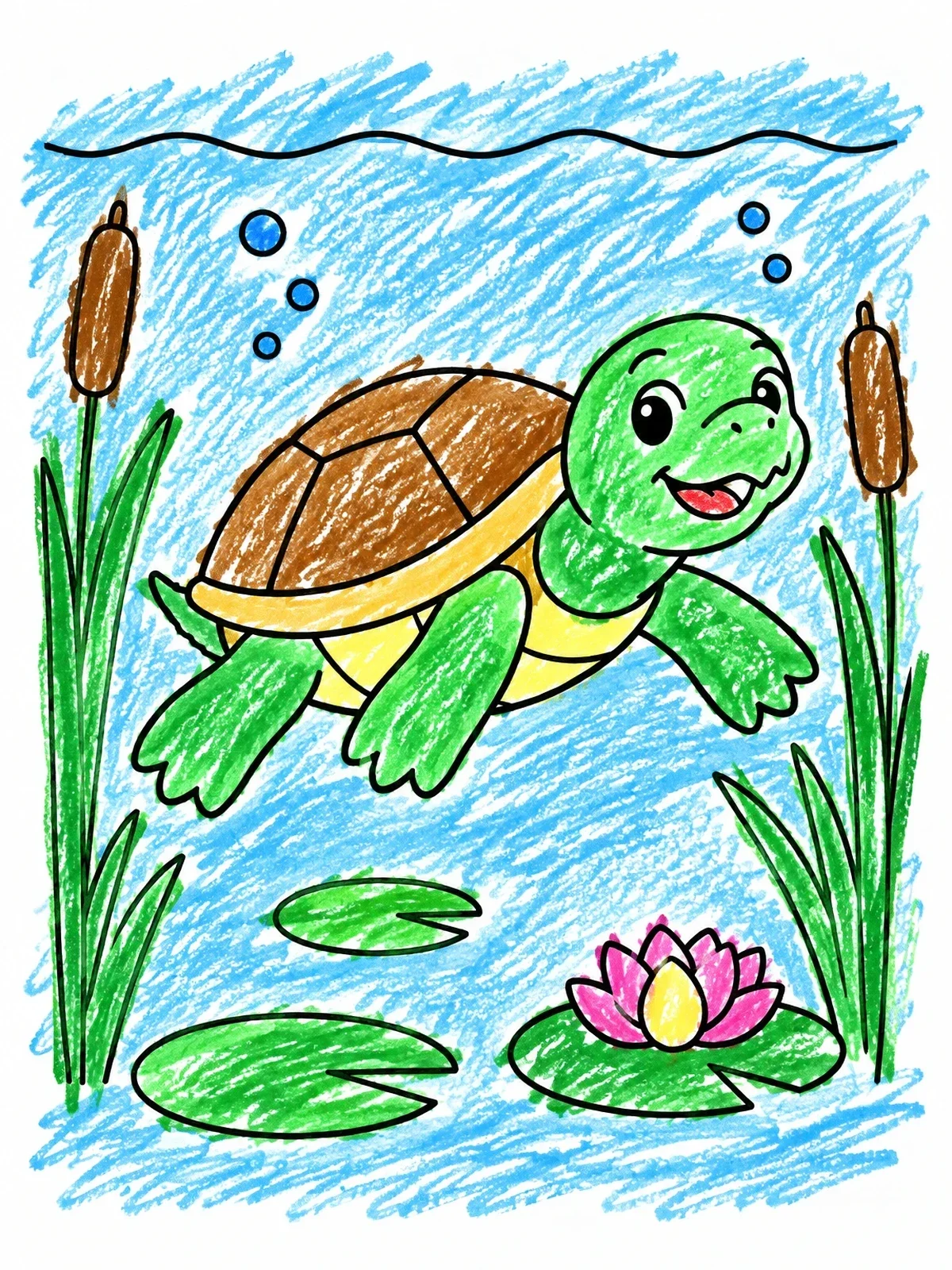 Colored example of the Cute Turtle Swimming In Pond coloring page