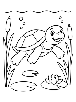 A snapping turtle coloring page featuring a happy turtle swimming near water lilies.