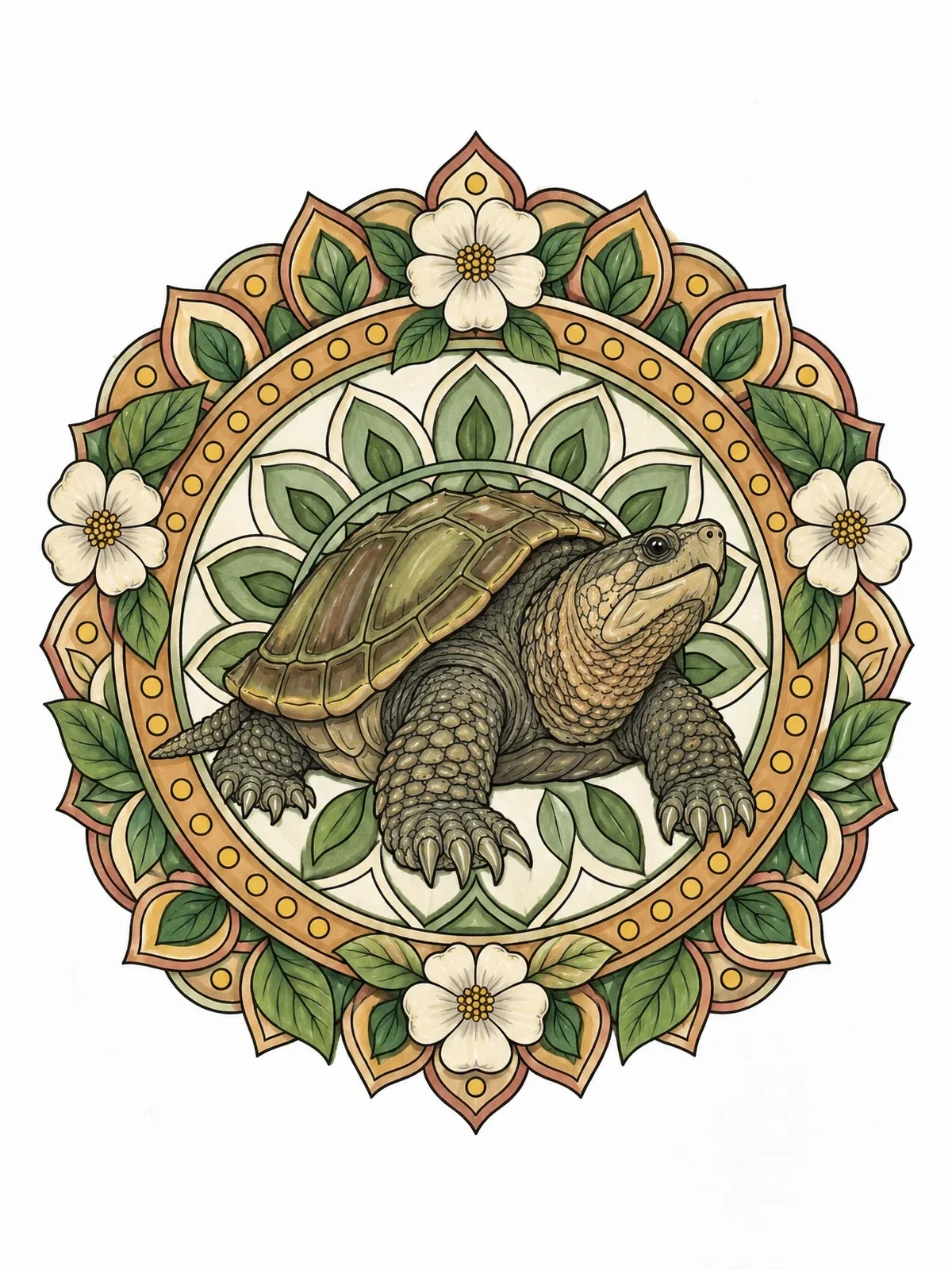 Colored example of the Snapping Turtle Mandala With Flowers coloring page