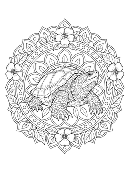 Detailed snapping turtle coloring page framed inside a floral circular mandala.