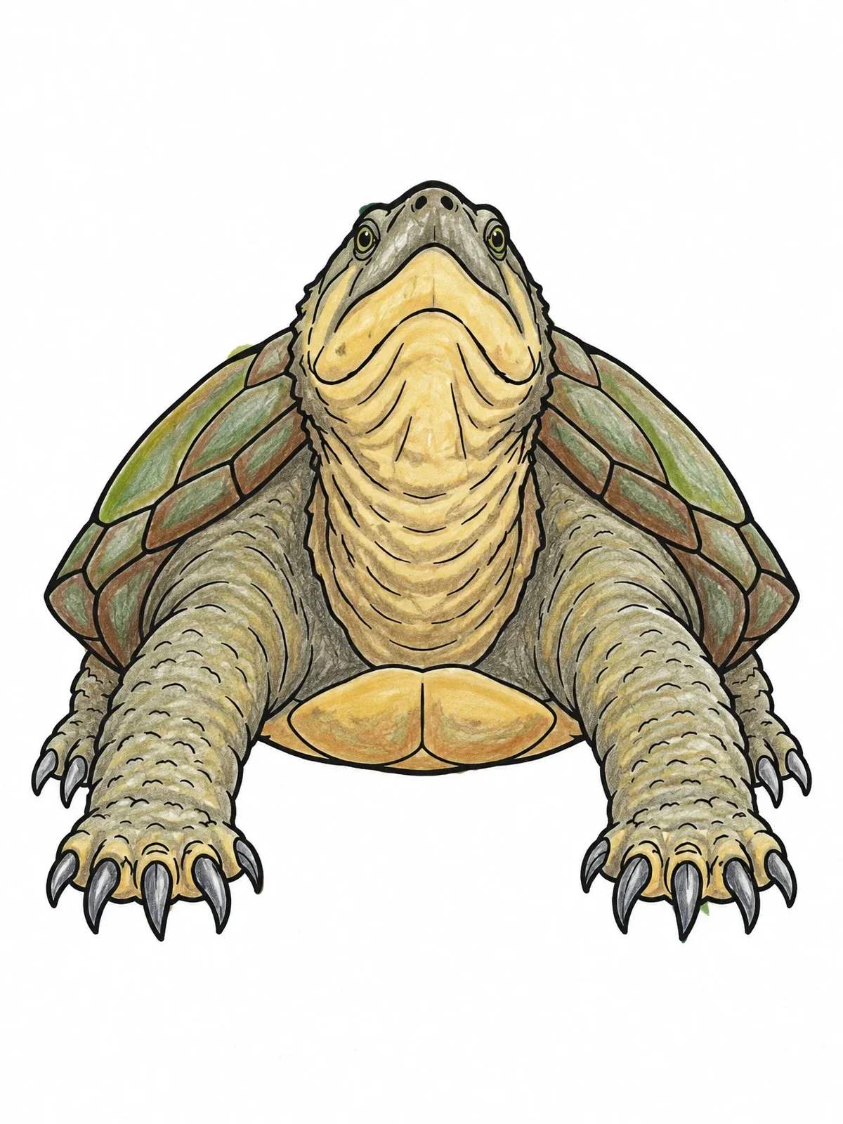 Colored example of the Snapping Turtle Frontal View coloring page