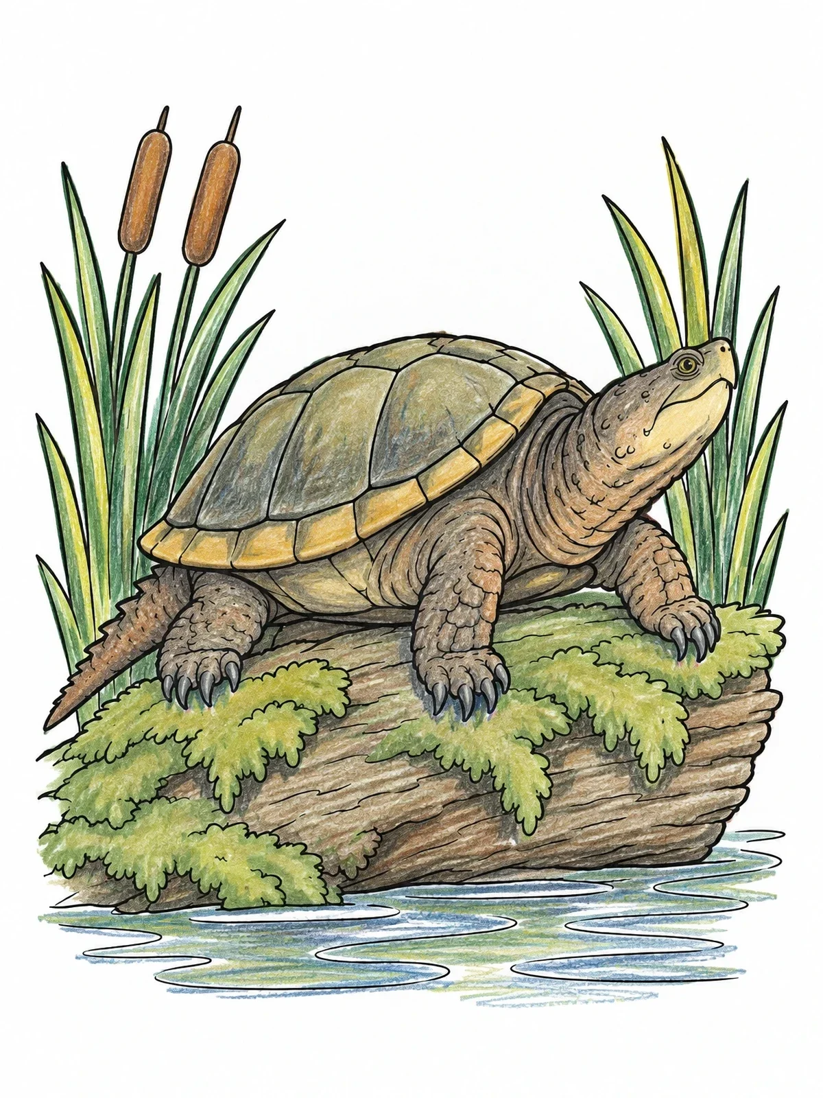 Colored example of the Snapping Turtle On A Log coloring page