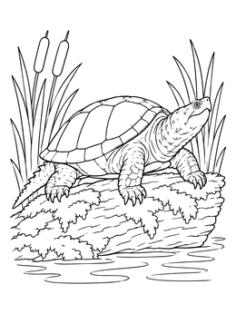 Detailed snapping turtle coloring page resting on a mossy log near cattails and water.