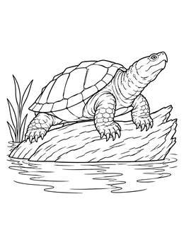 A realistic snapping turtle coloring page resting on a log in the water.
