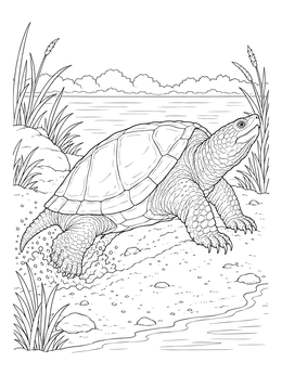 A detailed snapping turtle coloring page showing the reptile digging into the sandy riverbank.