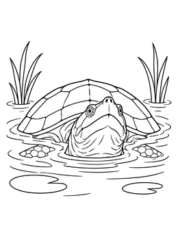 A detailed snapping turtle coloring page showing the reptile poking its head out of calm pond water.