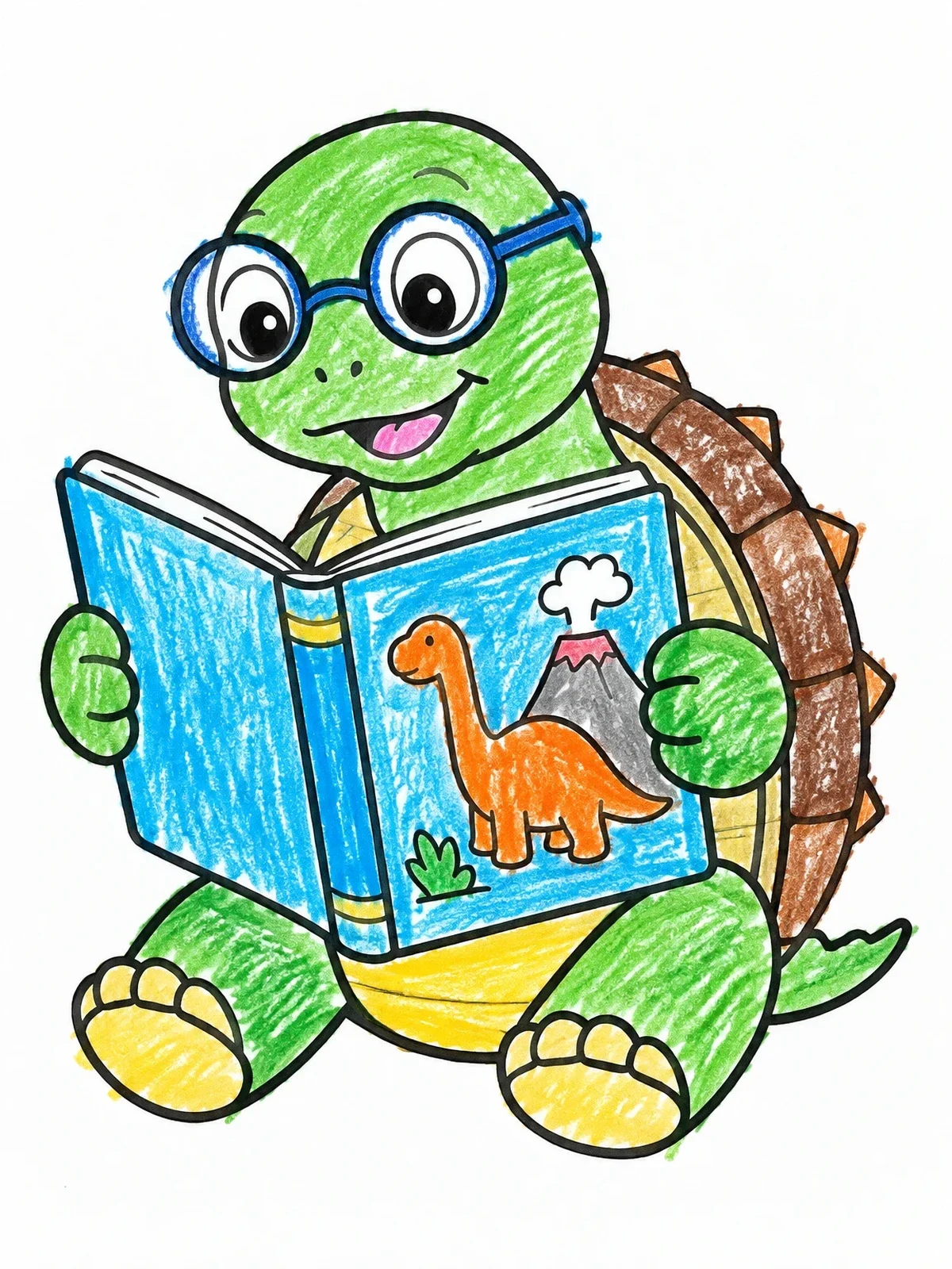 Colored example of the Snapping Turtle Reading Dinosaur Book coloring page