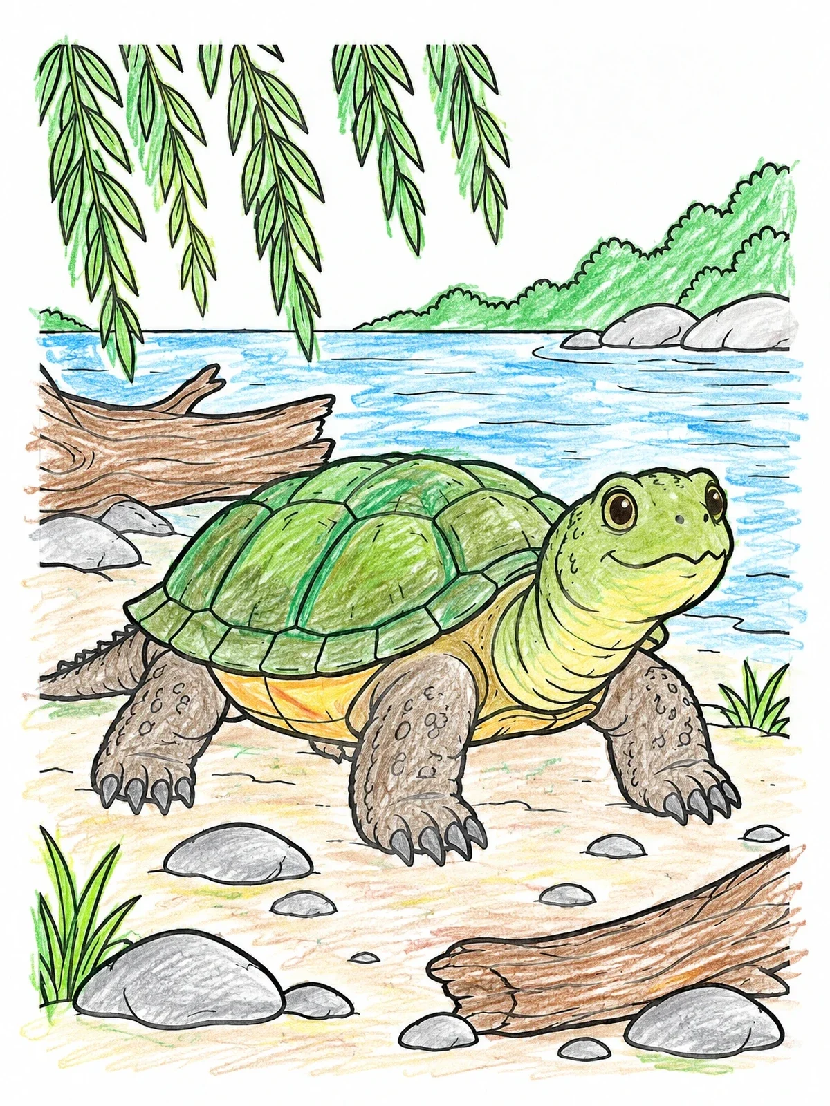 Colored example of the Snapping Turtle On The Riverbank coloring page