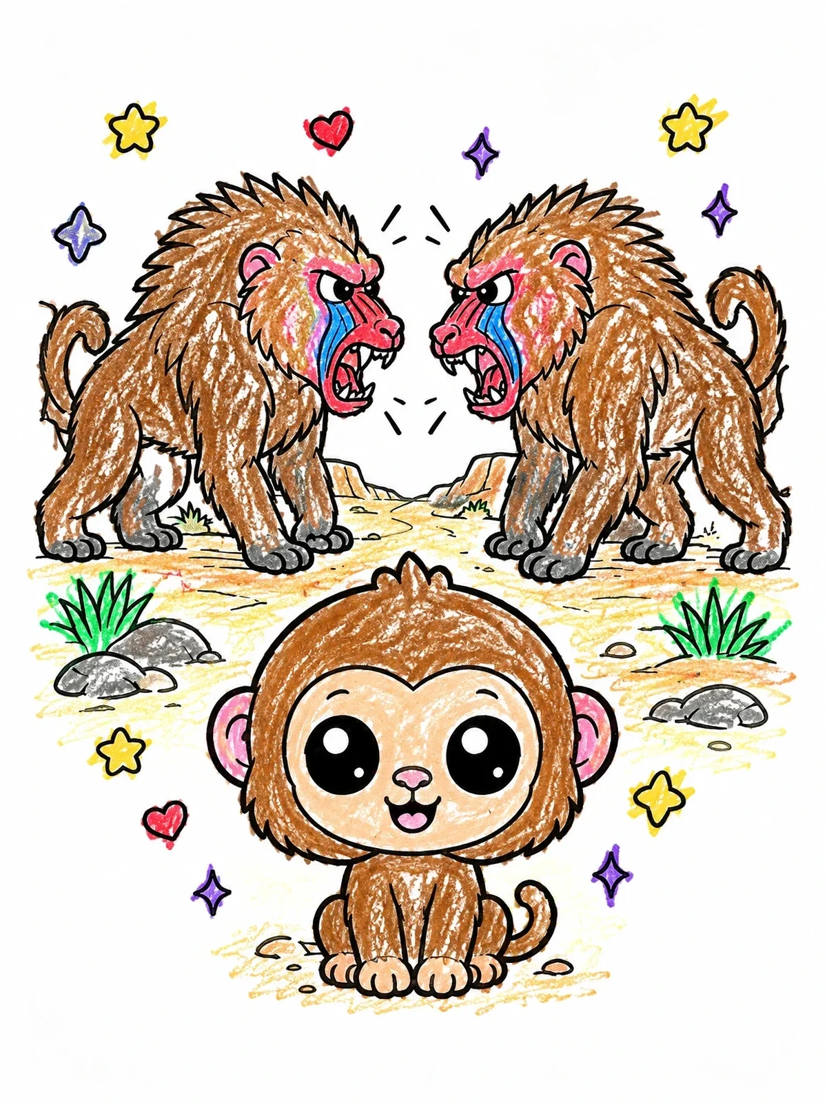 Colored example of the Snarling Baboons And Cute Baby Monkey coloring page