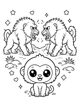 Two angry baboons face off above an adorable baby in this baboon coloring page.