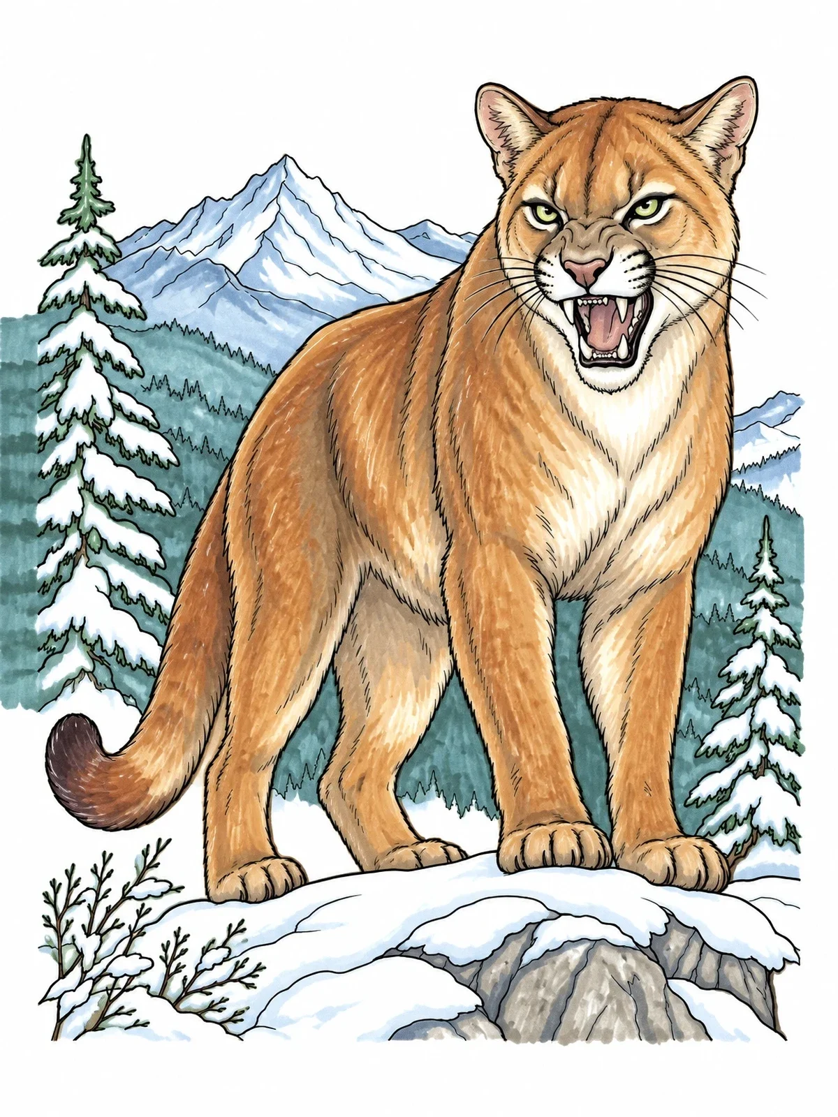 Colored example of the Snarling Cougar On Mountain Ridge coloring page