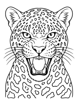 Detailed jaguar coloring page showing a snarling wild cat with rosettes and sharp teeth.