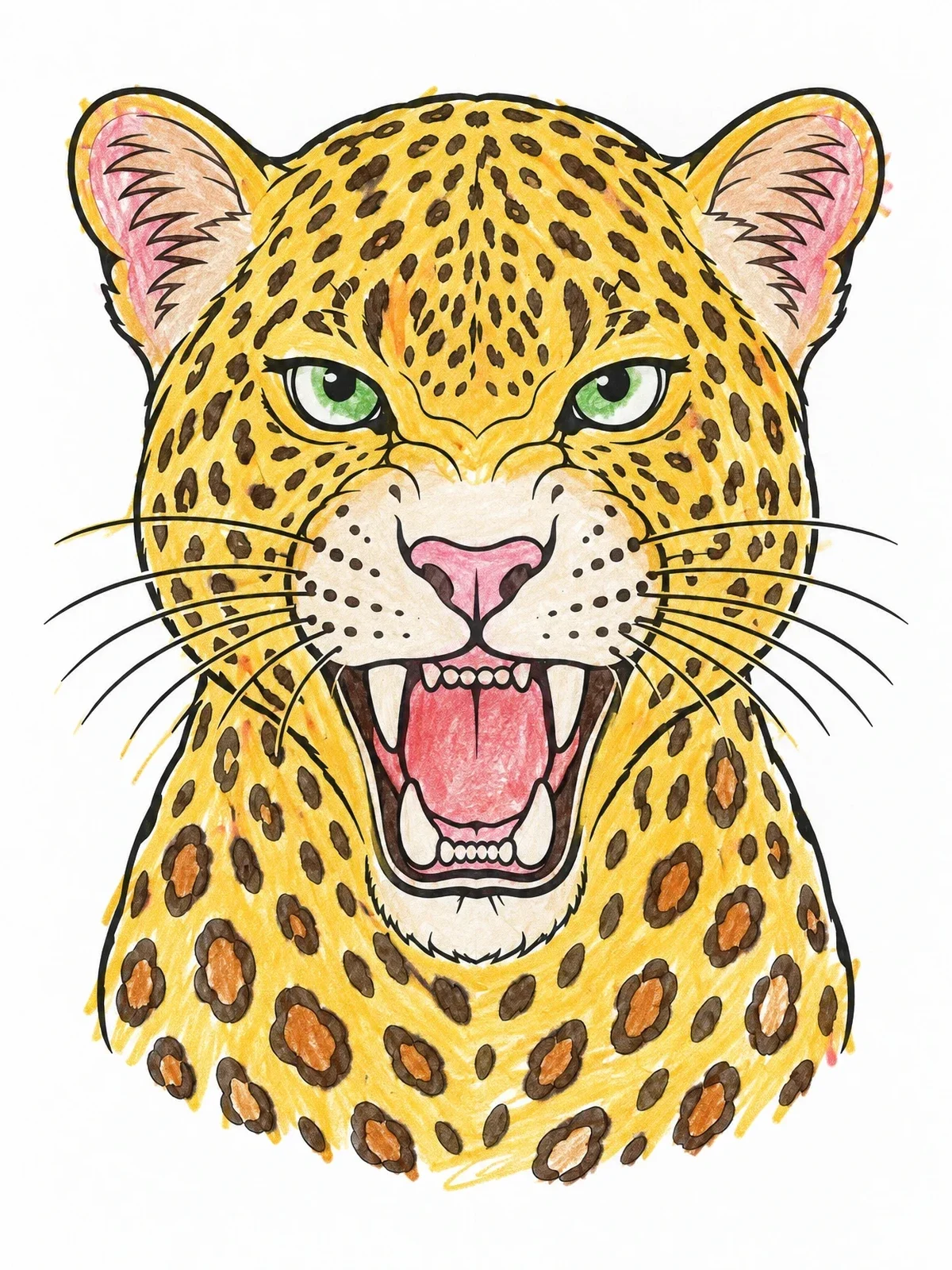 Colored example of the Snarling Leopard Head Portrait coloring page